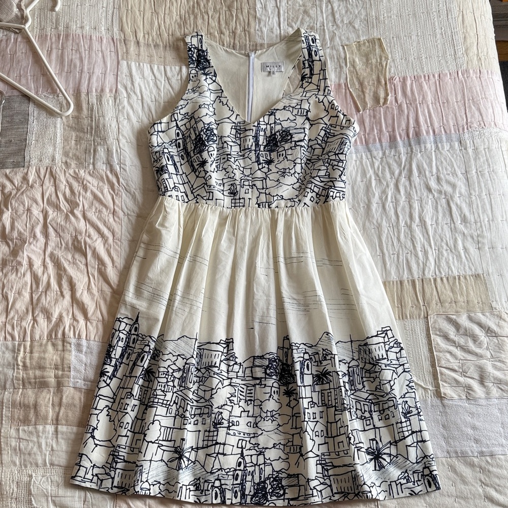 Milly Florence Racerback Mini Dress Ivory & Navy Graphic Print US8